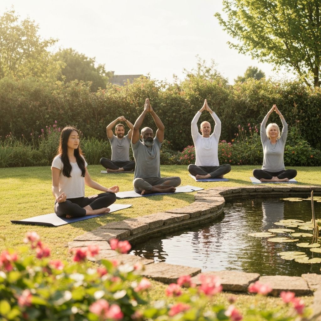 Diverse individuals practicing wellness activities